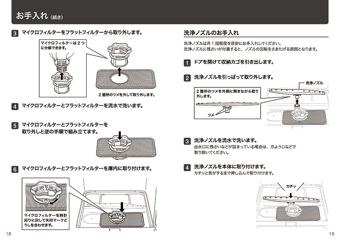 食洗機取扱説明書のお手入れページ