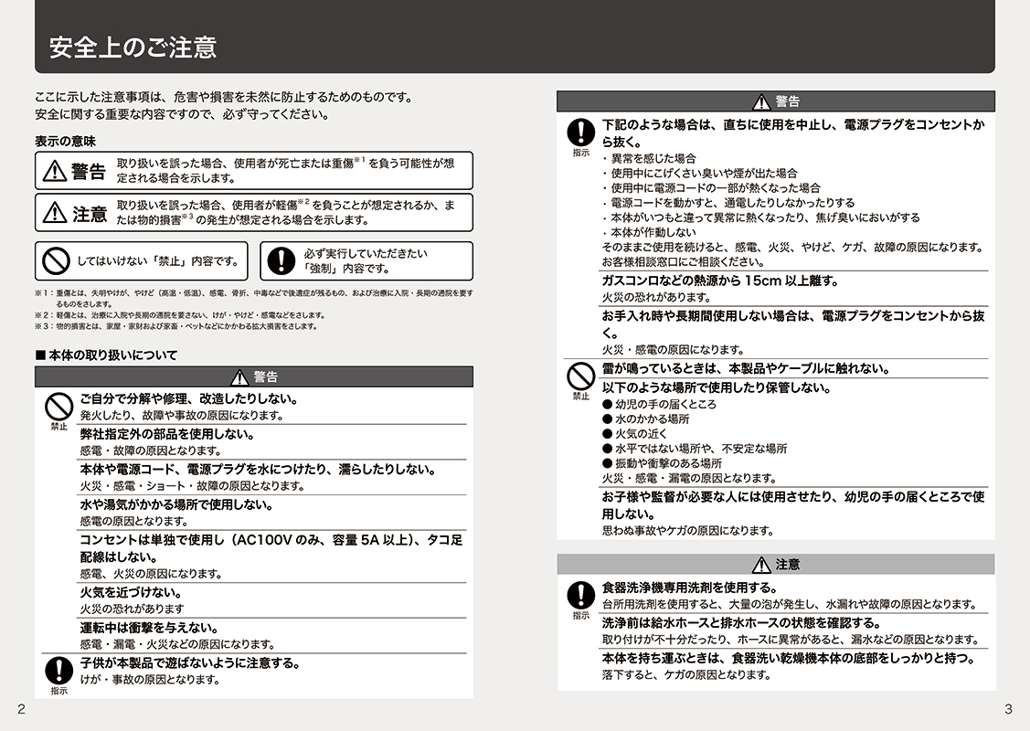 食洗機取扱説明書の安全上の注意ページ