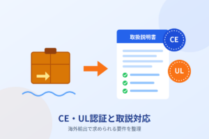 海外輸出時にCE・UL認証要件を満たした取扱説明書を用意することを示す図