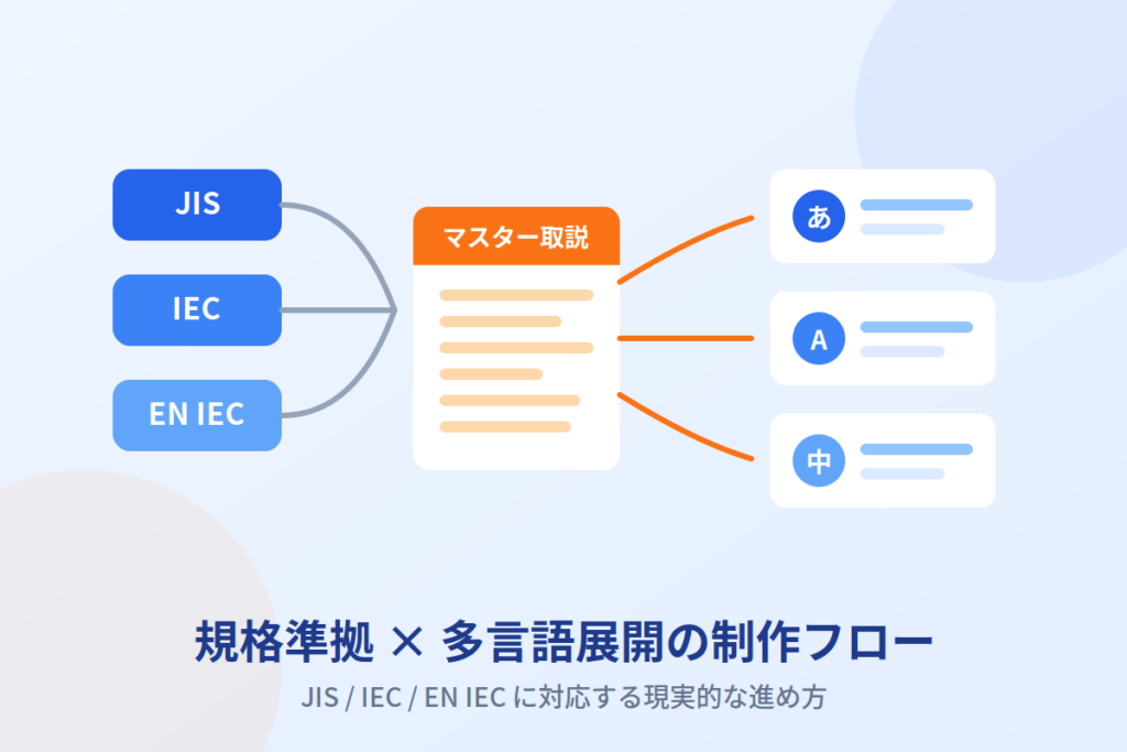 JIS・IEC・EN IEC規格からマスター取説を作成し多言語へ展開する制作フロー図